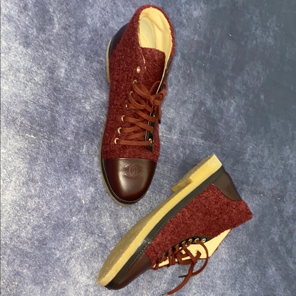 CHANEL Maroon Wool and Leather High-Tops - Picture 9 of 12